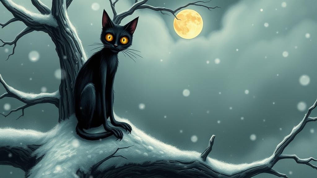 Surreal Horror Cat Stares Down Winter Landscape