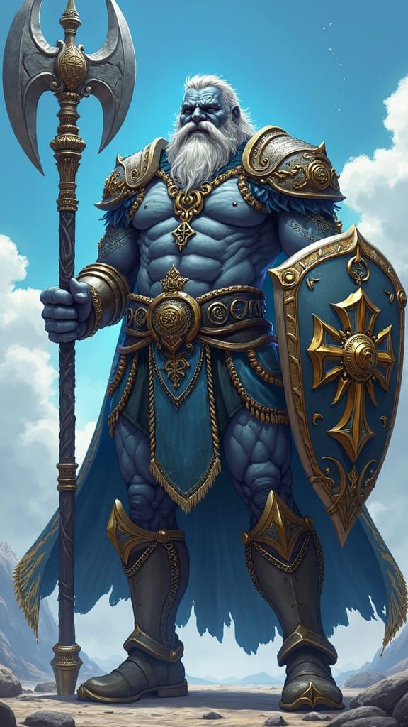 Confident Half-Giant in Chainmail, Blue Runes, and Holy Mace