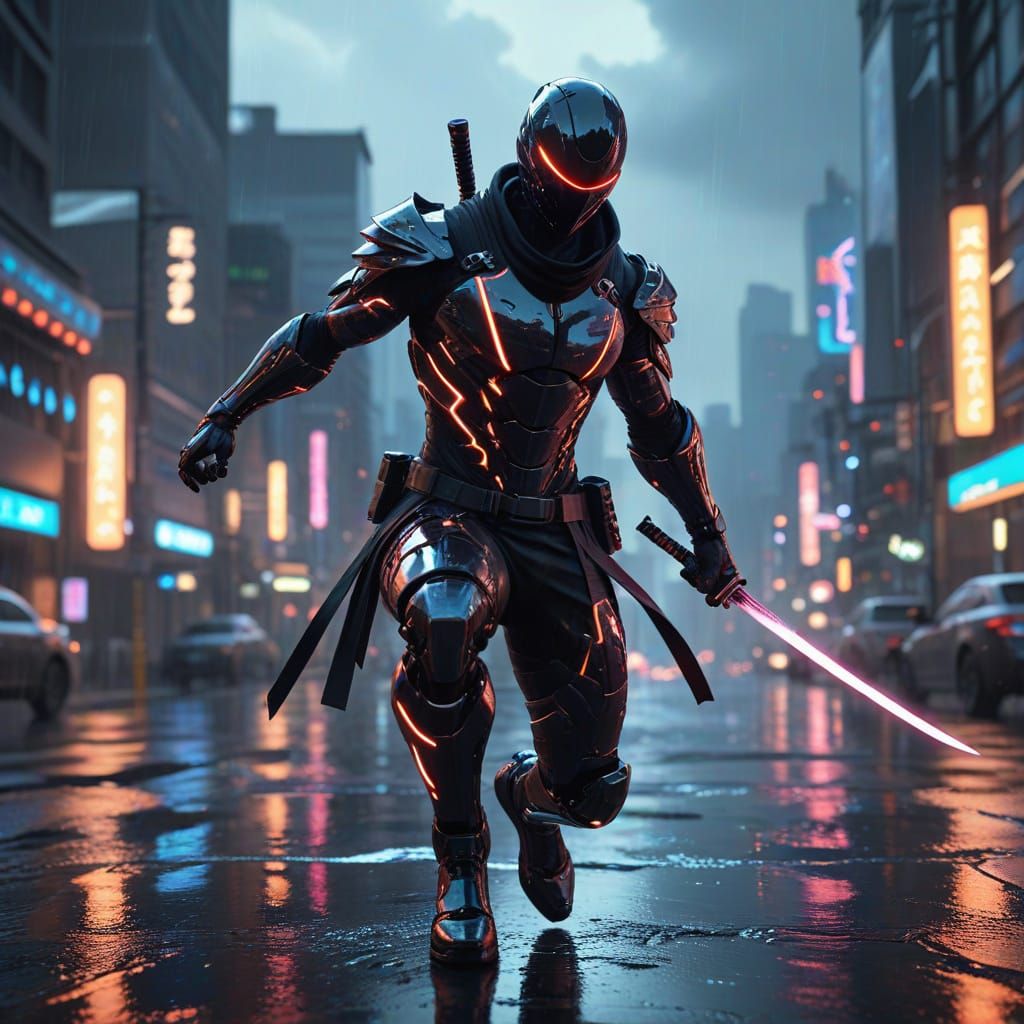 Chrome Cyborg Ninja Leaps Across Neon Cityscape