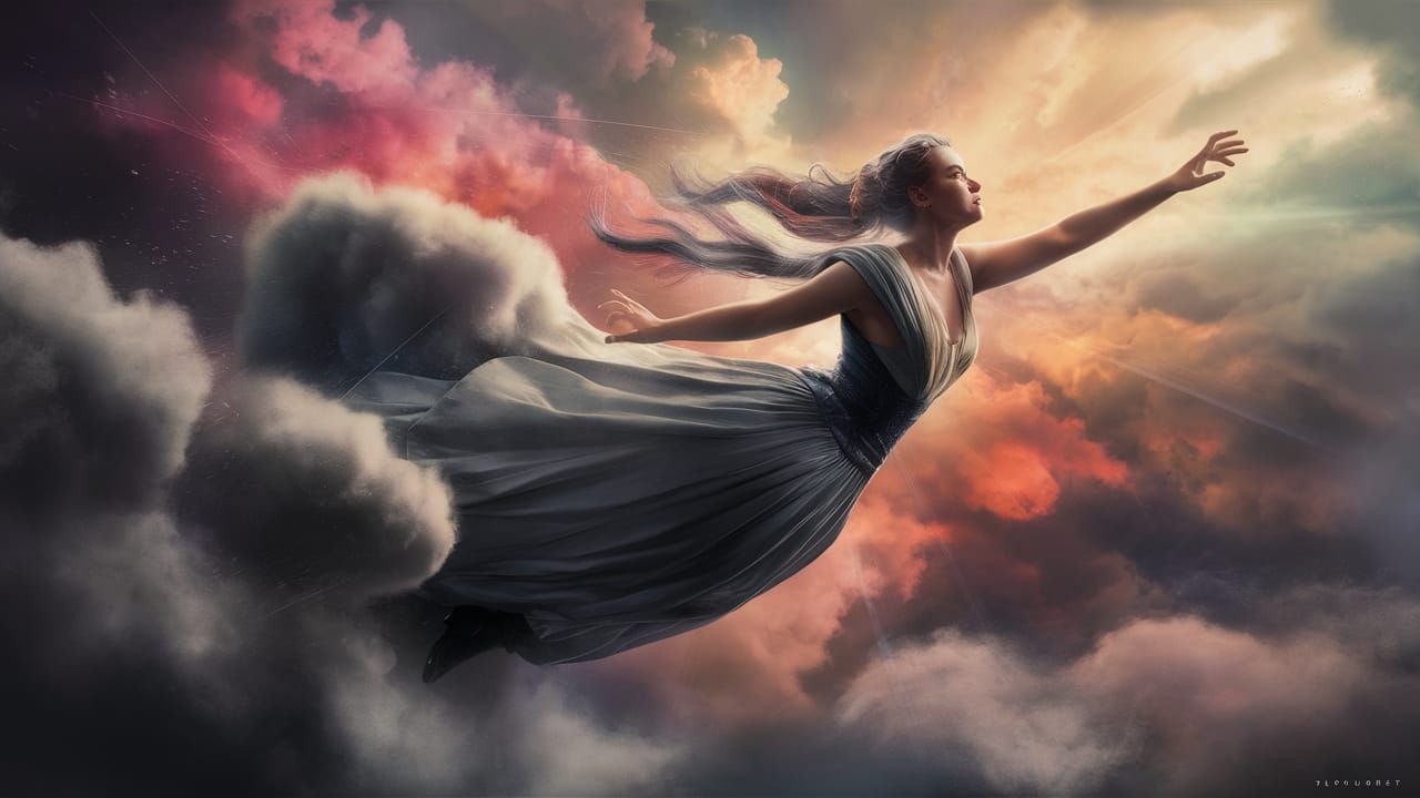 Woman Soaring Through Sky in Splash Art Style