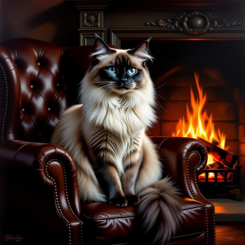 Majestic Siamese Cat by Warm Fireplace in Matte Painting Sty...