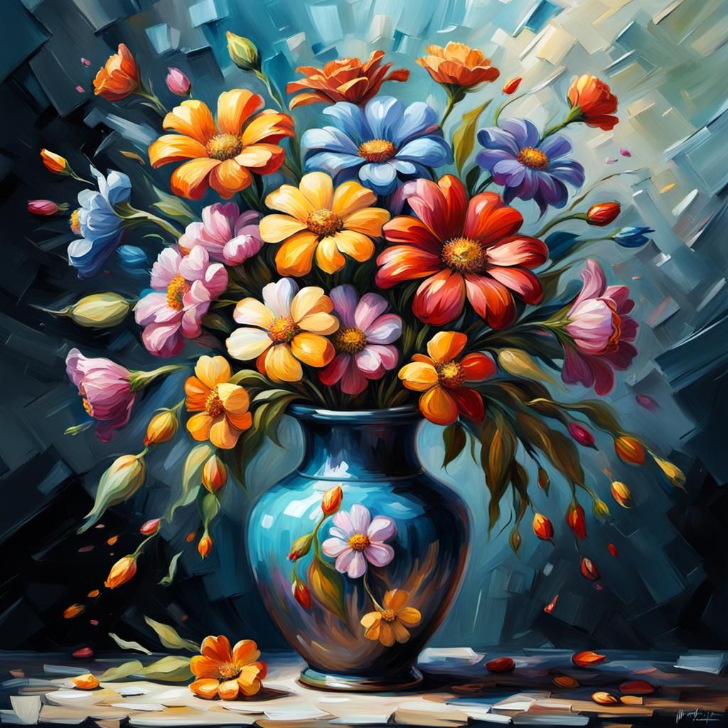 Impasto Oil Painting of Flowers in Vase