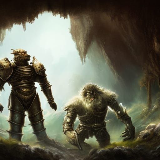 Armored Knight, Dwarf, and Werewolf Frightened by Light
