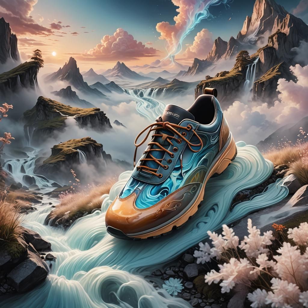 Surreal Sci-Fi Shoe with Flowing Streams and Clouds