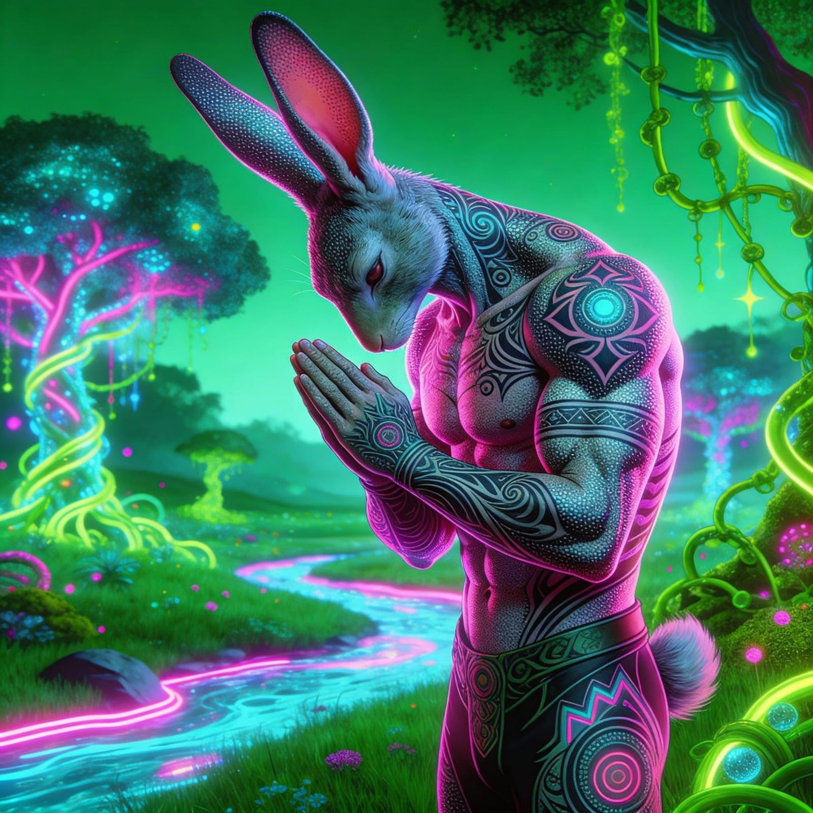 Brave Hare Humanoid Giving Thanks in Biopunk Meadow