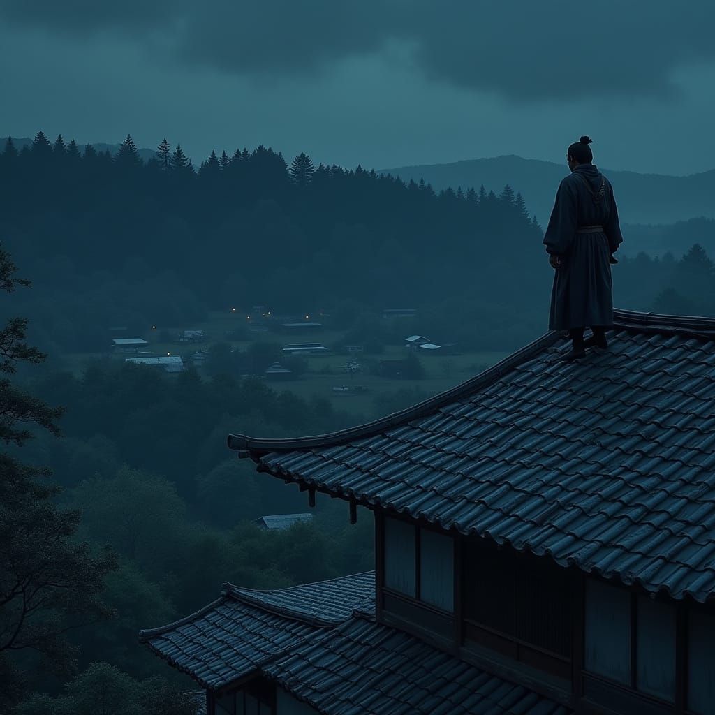 Japanese Ninja on Rustic Inn Roof Under Midnight Sky