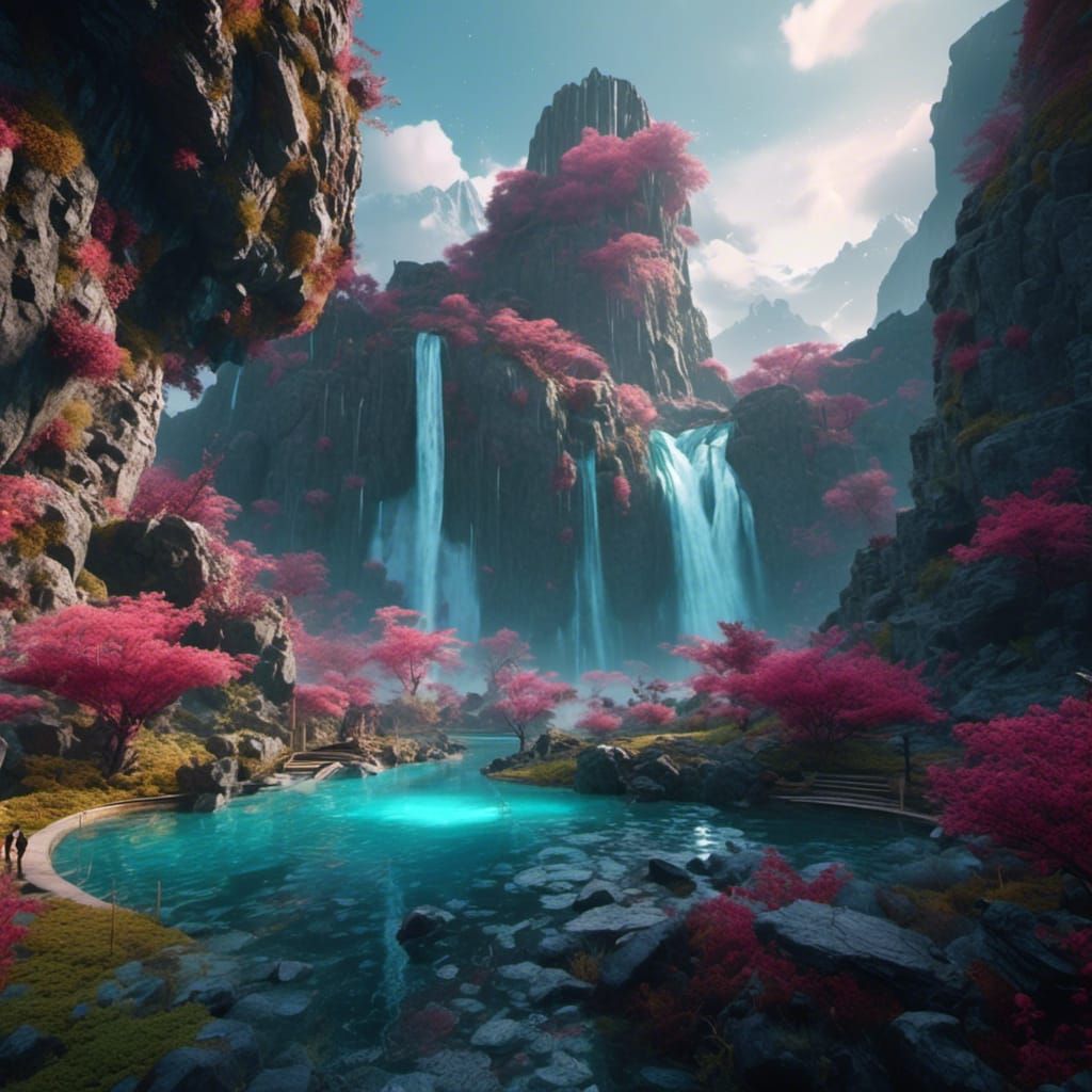 Fantastical Waterfall Landscape in Detailed Matte Painting