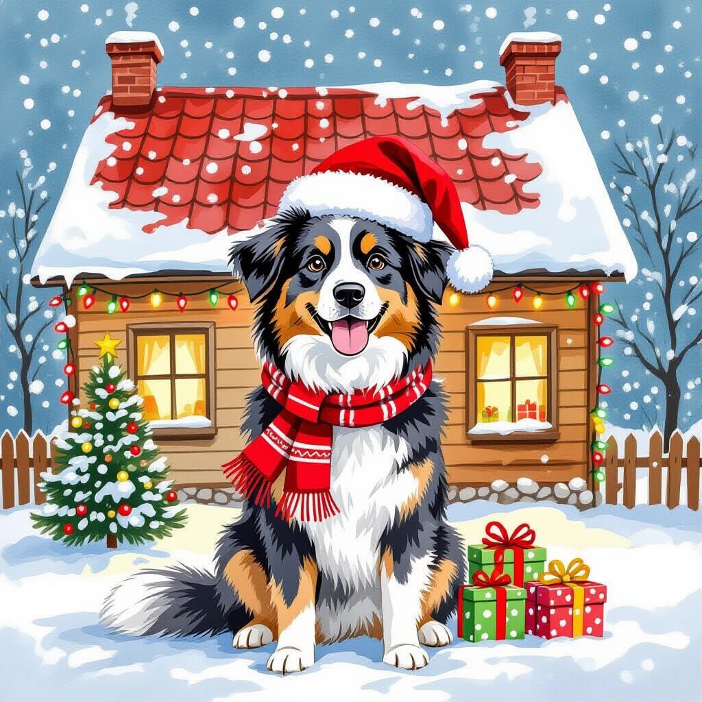 Australian Shepherd Christmas Portrait in Watercolor Style