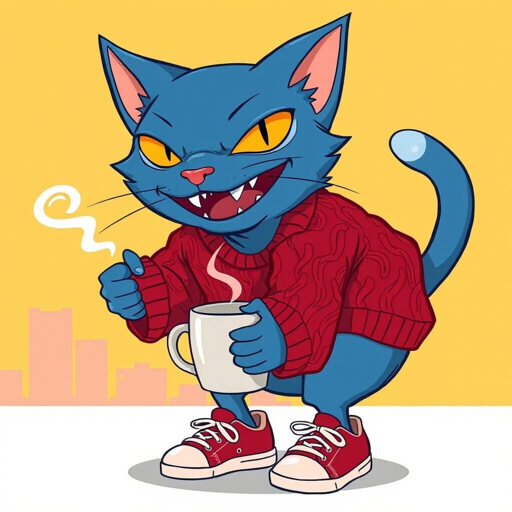 Cartoon Blue Cat with Mug in Camille Rose Garcia Style