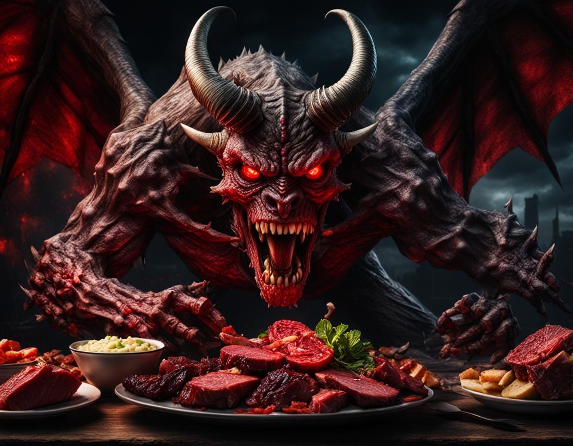 Hyperrealistic Winged Demon Feasting on Red Meat