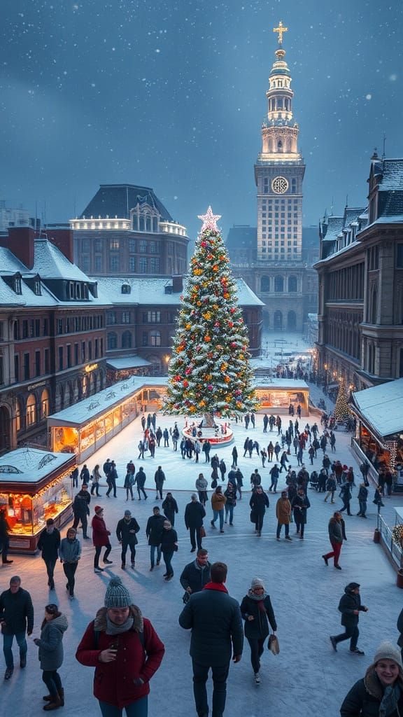 Winter Wonderland City Square in Detailed Fantasy Art