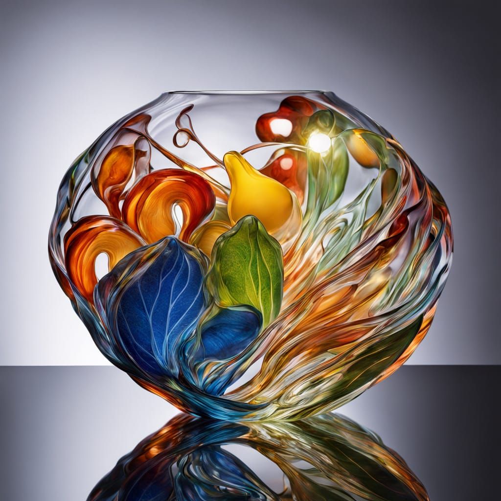 Glass Fruit Sculpture: Apple, Pear, Grapes in Purple Pattern...