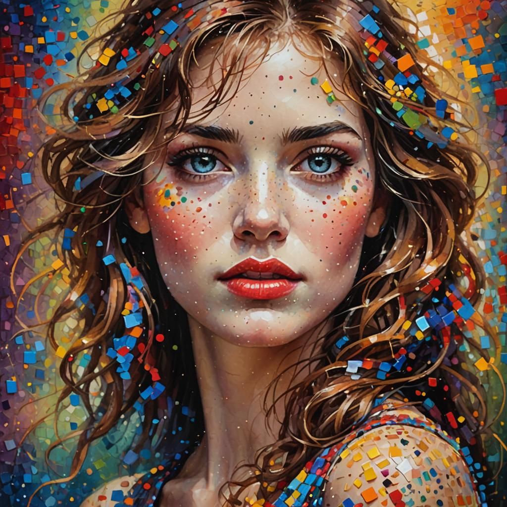 Pointillism portrait. Medium shot. Woman's face with detailed eyes, lips, and hair. Vibrant Pino Daeni  style. Thousand....