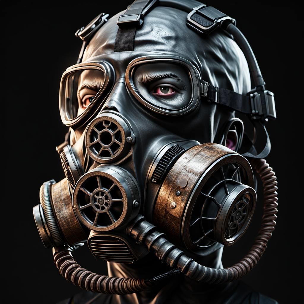 Smoked Gasmask Man in 3D Cinematic Style