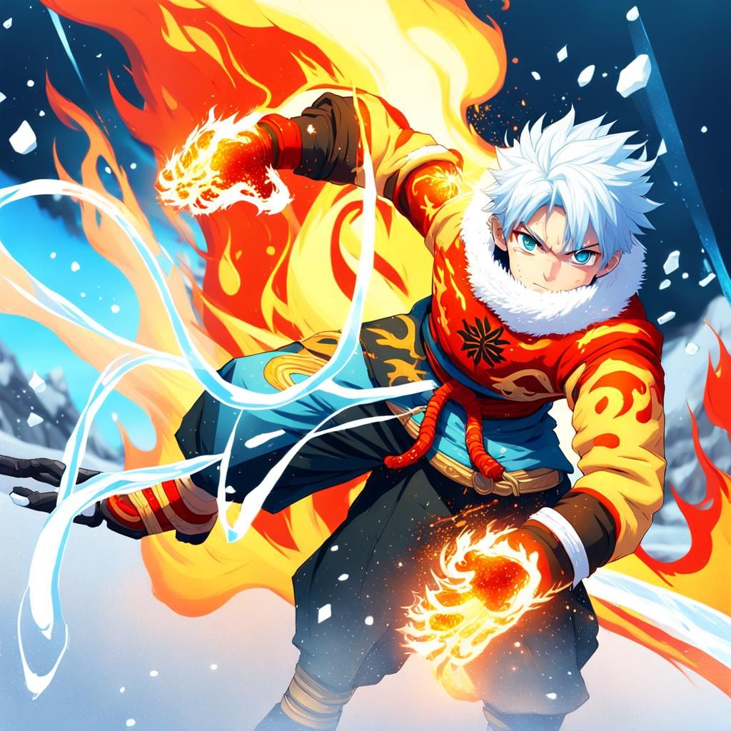Anime Kid with Fire and Ice Powers
