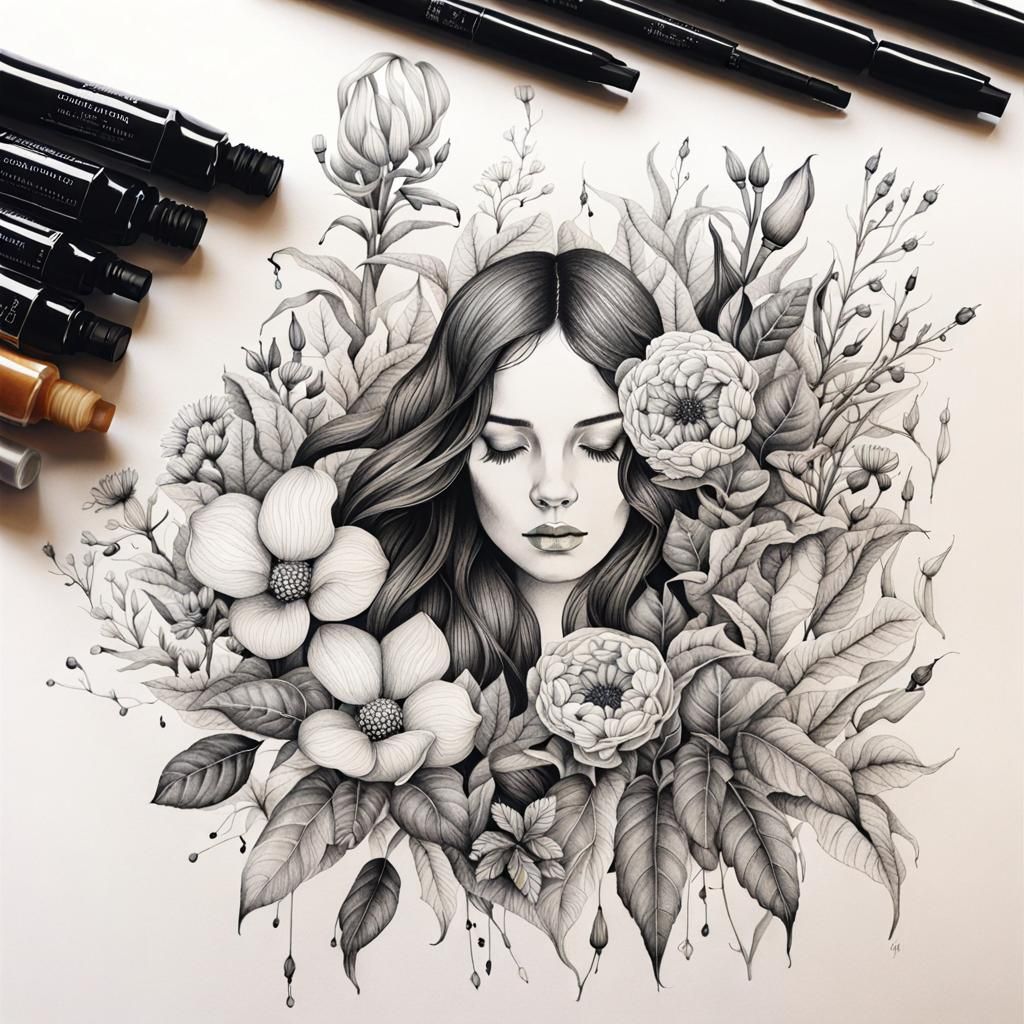 Botanical Ink Drawing of a Beautiful Girl