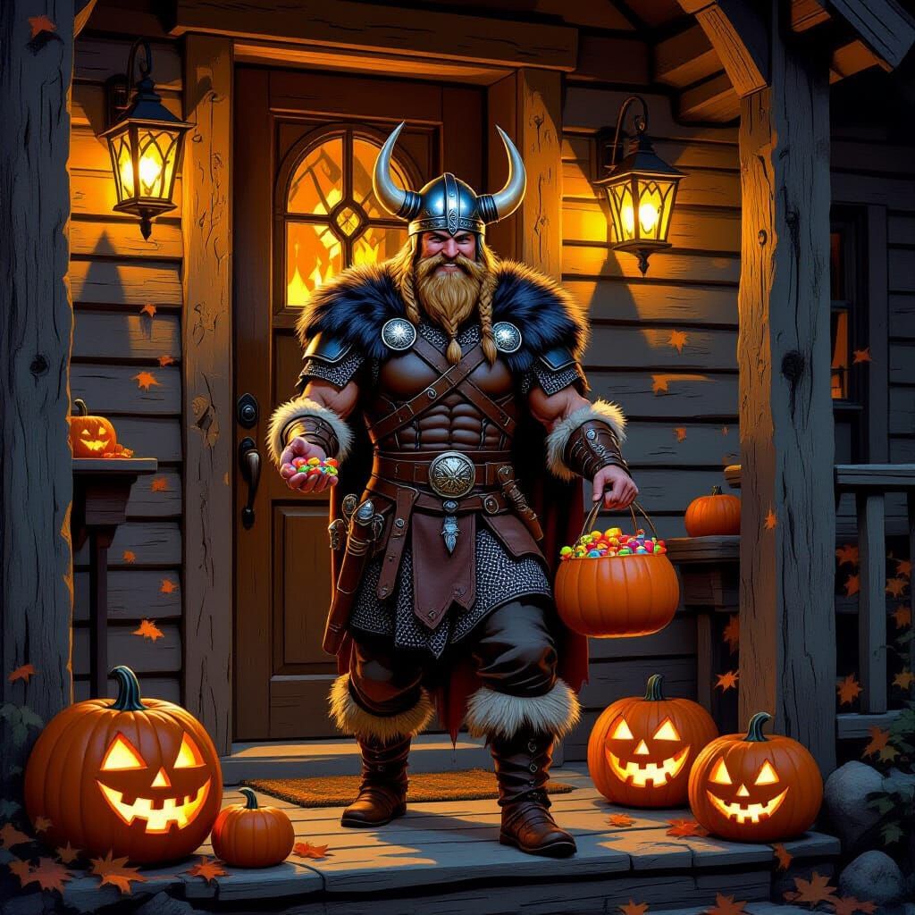 Viking Warrior Shares Halloween Candy with Trick-or-Treaters