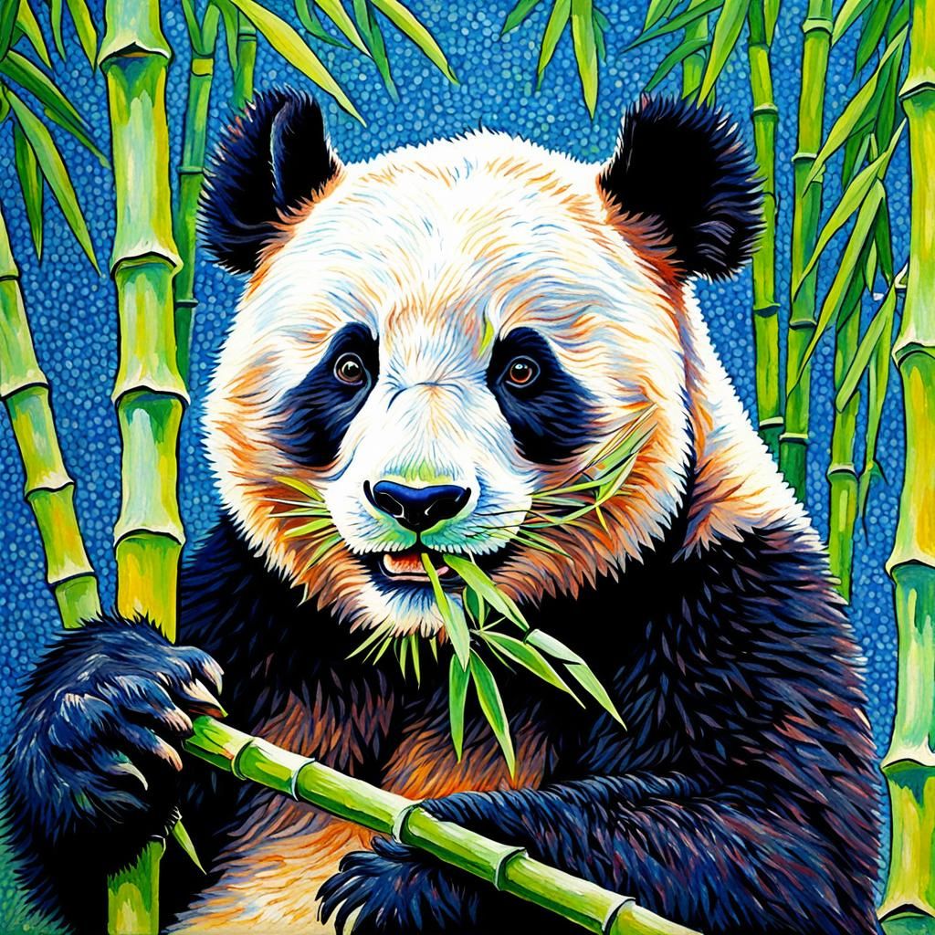 Pointillist Panda Bear Eating Bamboo in Impressionistic Styl...