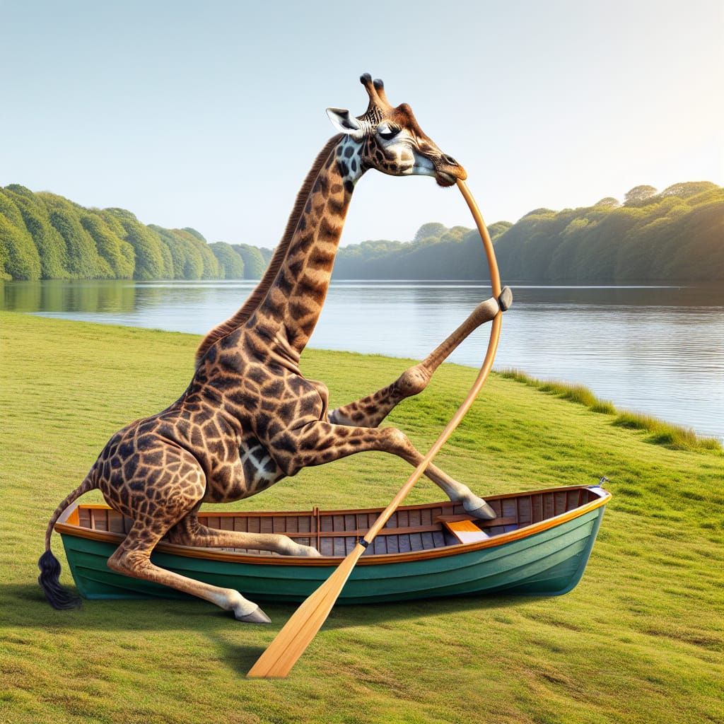 Giraffe Uses Neck as Oar in Rowboat on Lake