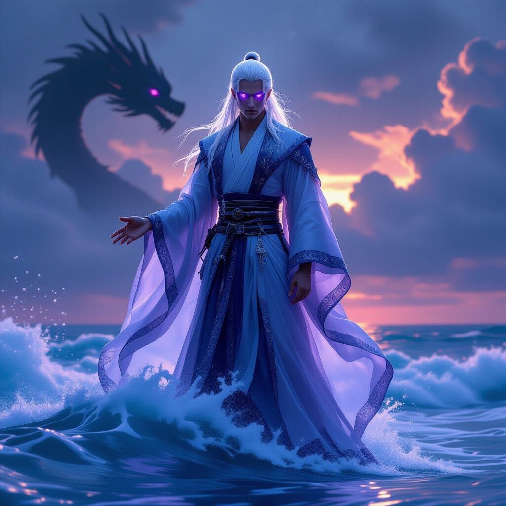 Neuvillette Commands Leviathans on Tsunami, Digital Art