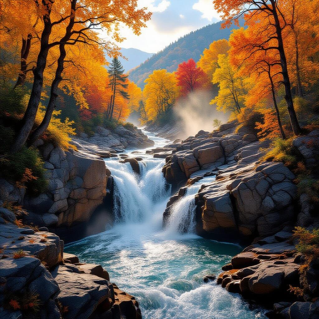 Majestic Autumn Waterfall in Golden Light