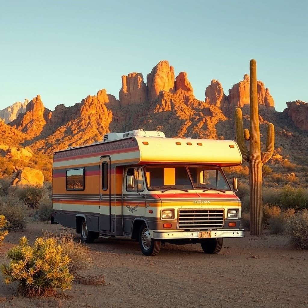 Vintage RV in Desert Landscape, Retro-Futurism Style