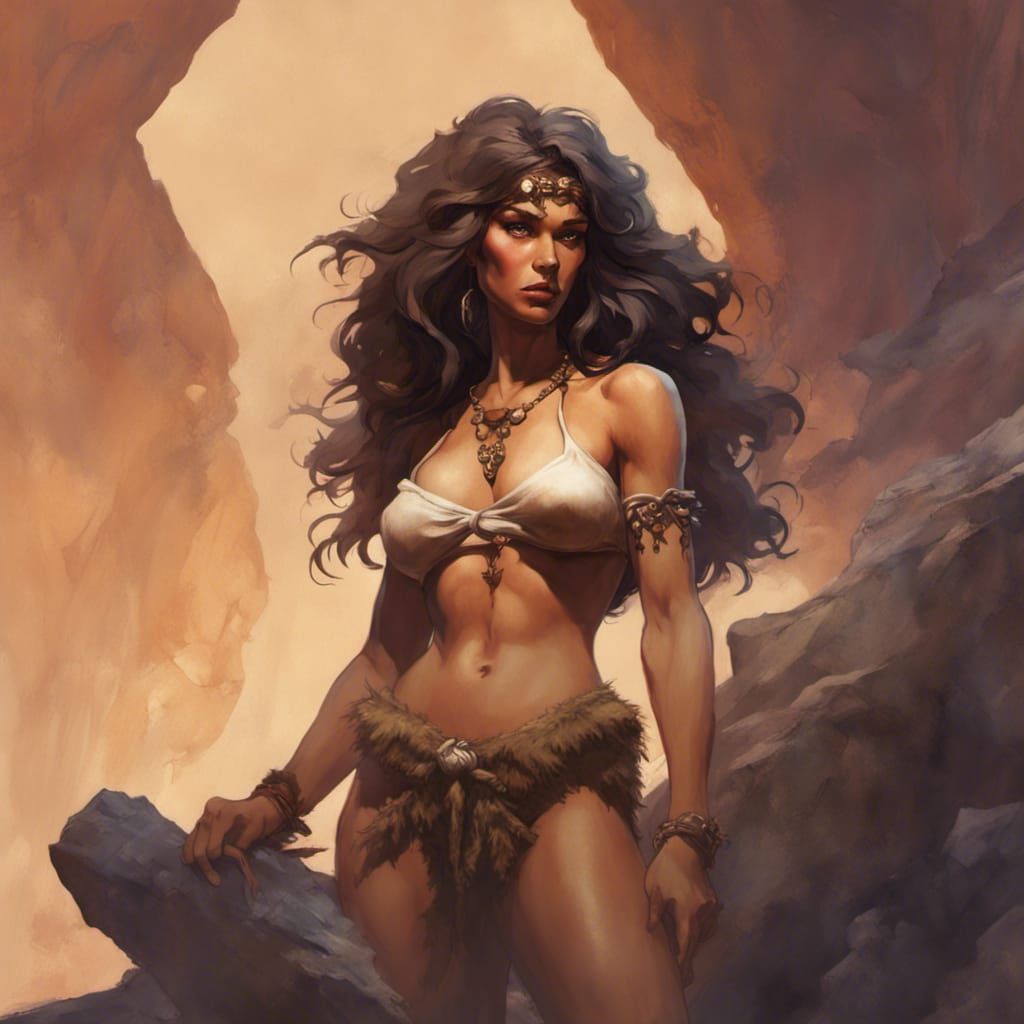 Cavewoman Portrait in Frazetta Style, 8K Resolution