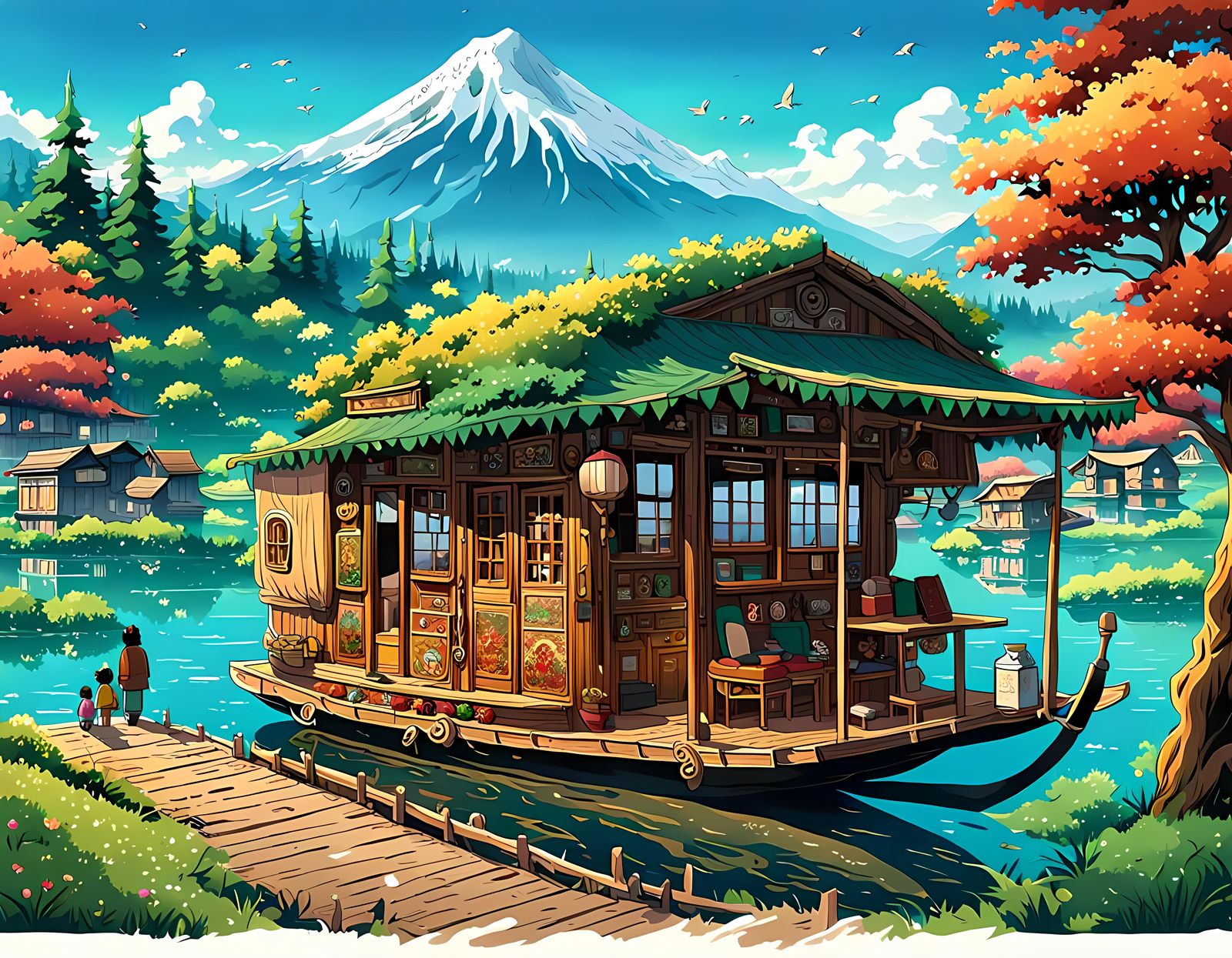 Cozy Kashmiri Houseboat in Studio Ghibli Style
