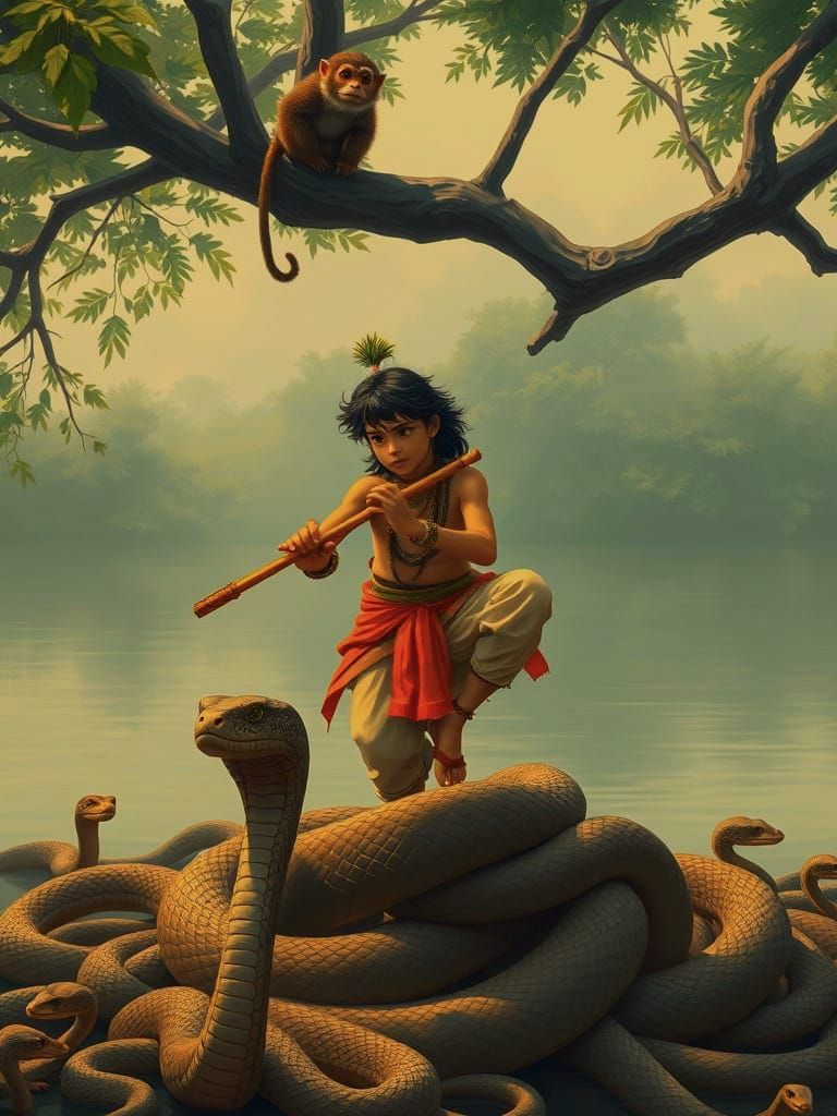 Krishna's Flute Subdues Cobra in Anime Style