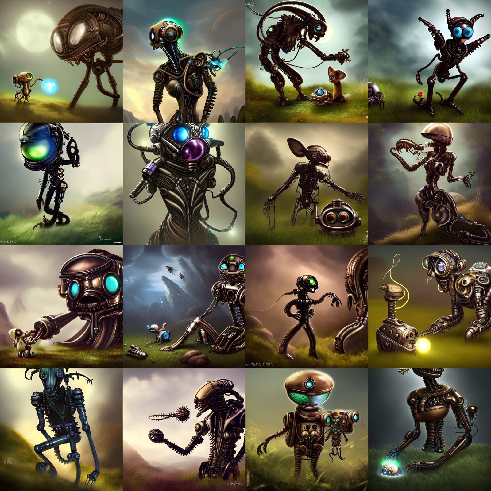 A steampunk cyborg playing with his pet.