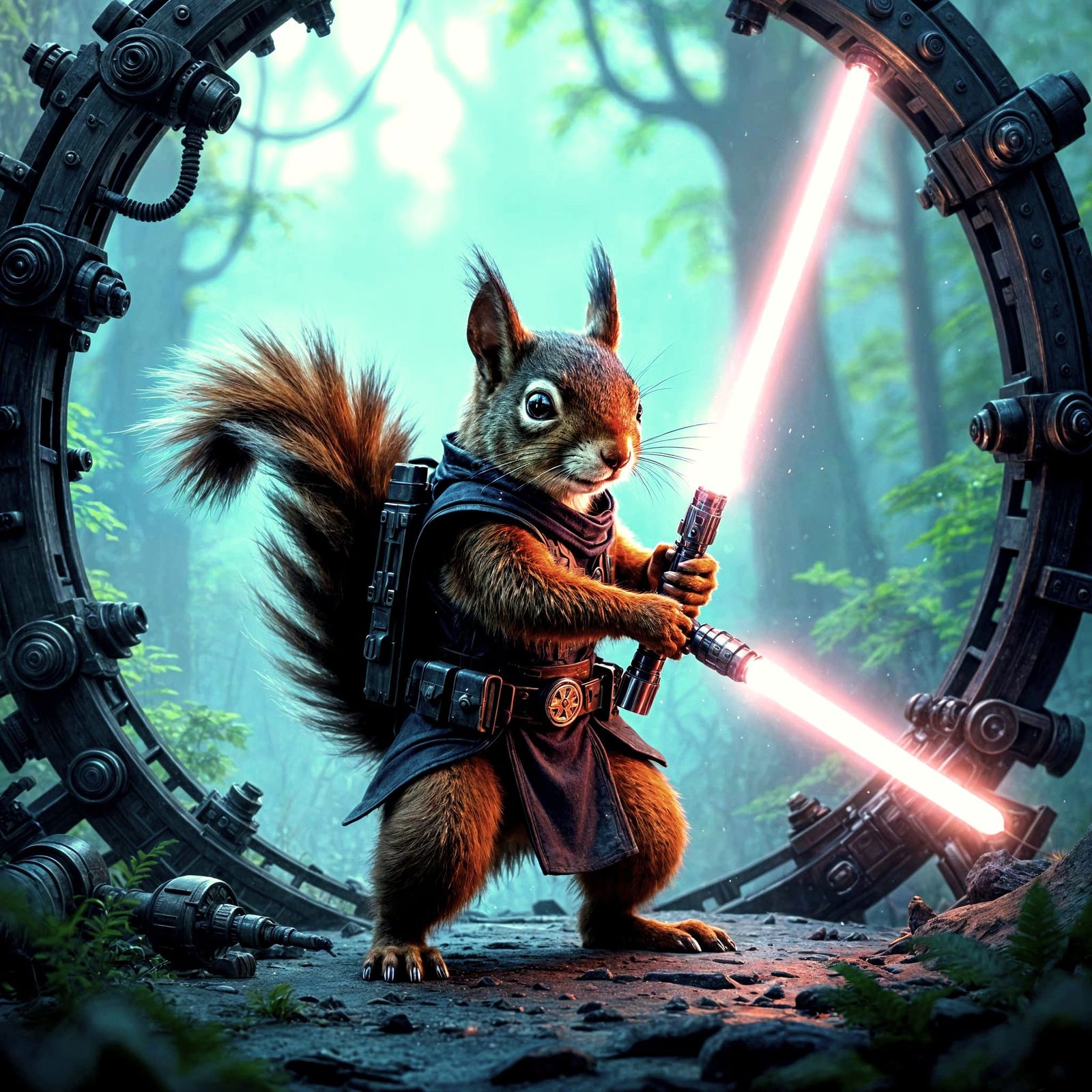 Jedi Squirrel Warrior with Steampunk Arm in Sci-Fi Scene