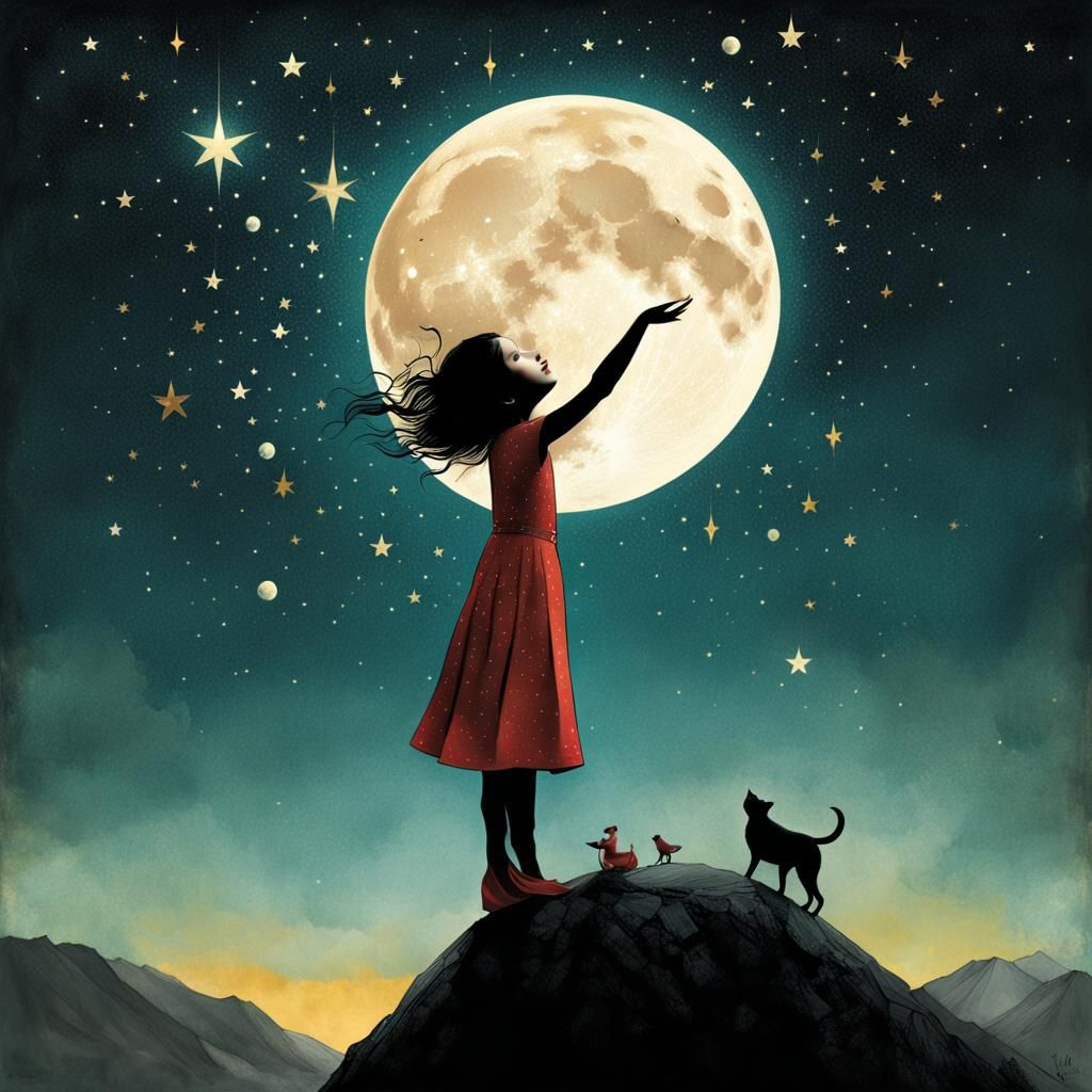 Girl Reaching for the Moon: Whimsical Illustration