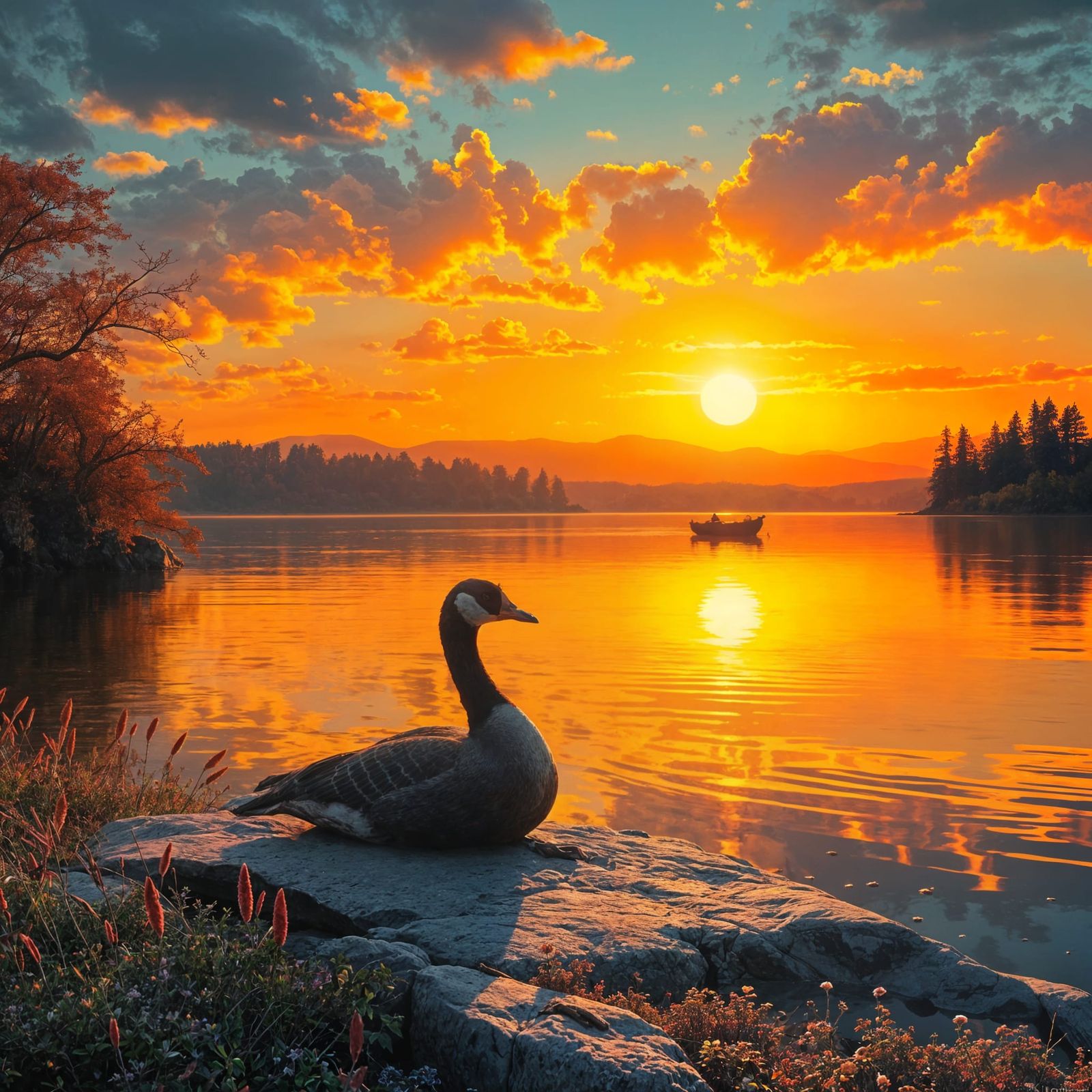 Romantic Oil Painting of a Goose by a Sunset Lake