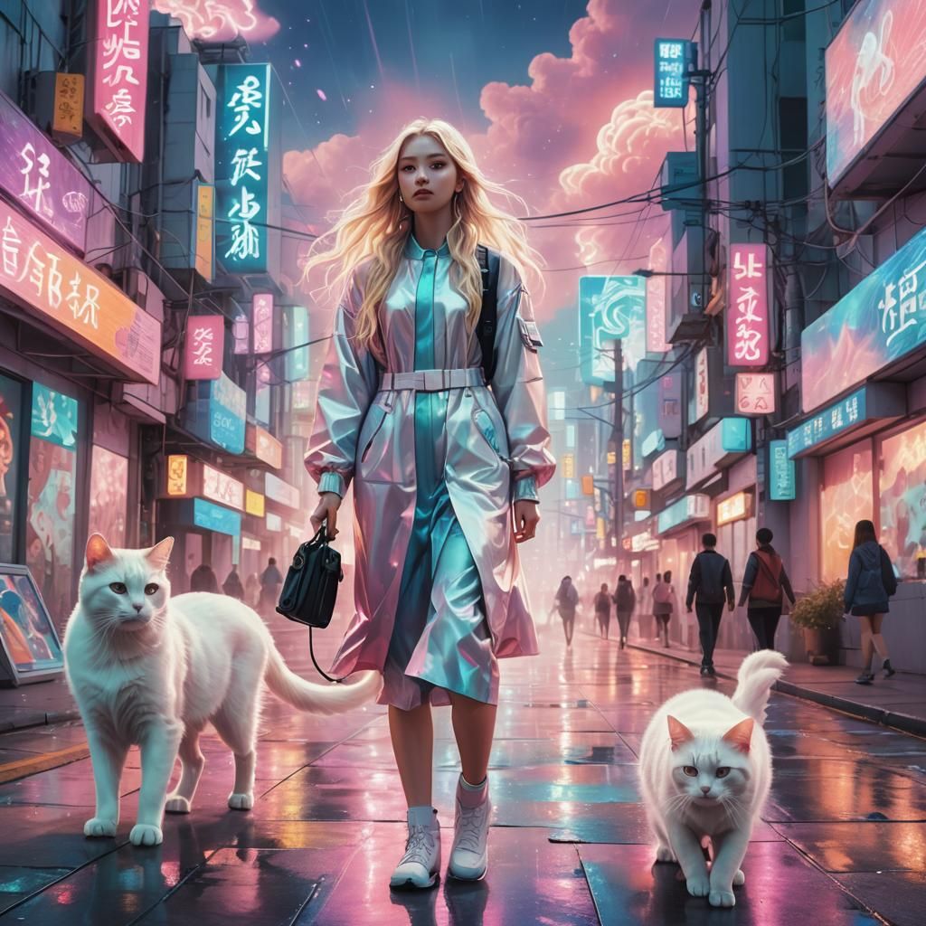 Futuristic Girl and Cat in Astral Dreamscape