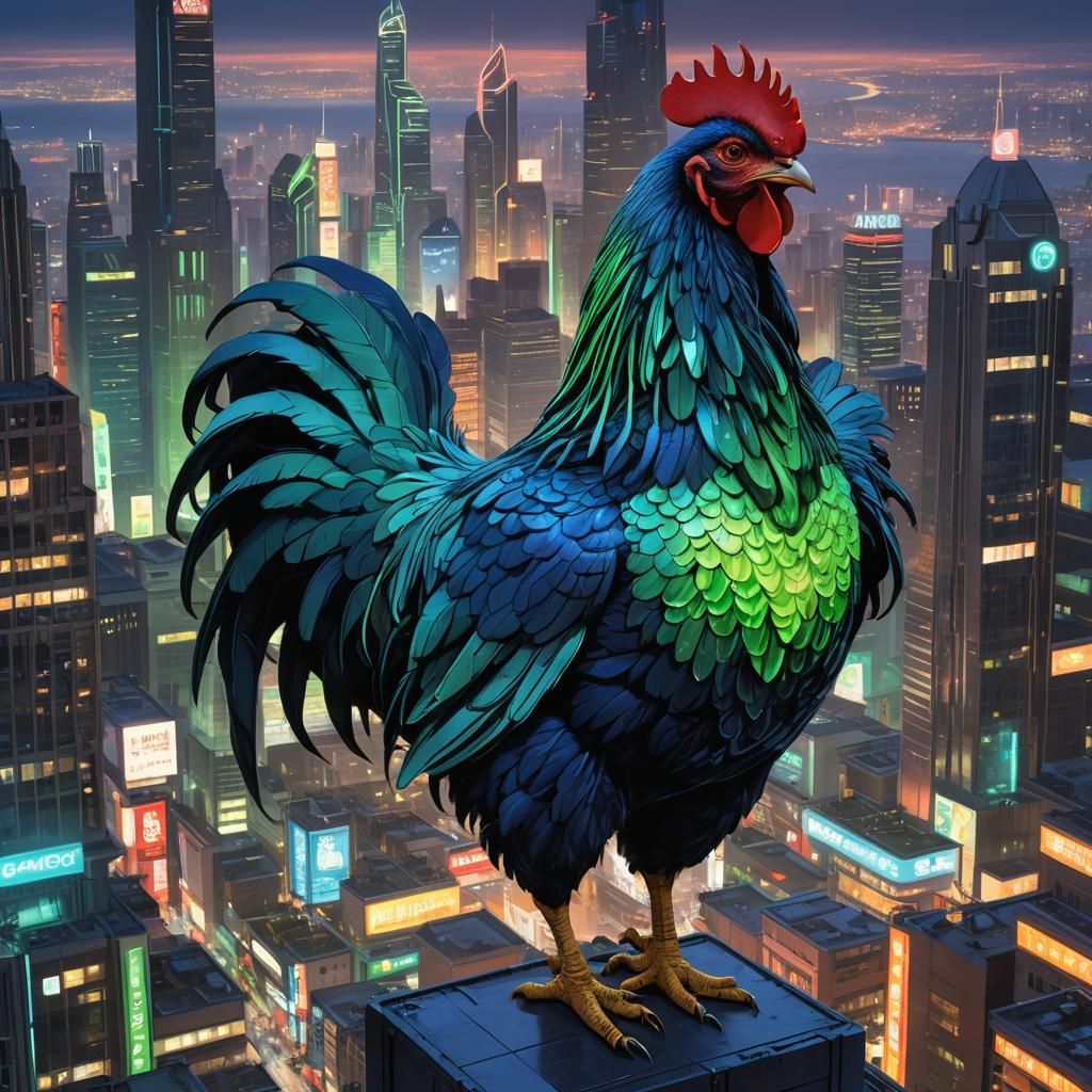 Neon Cityscape Dominated by Bioluminescent Chicken