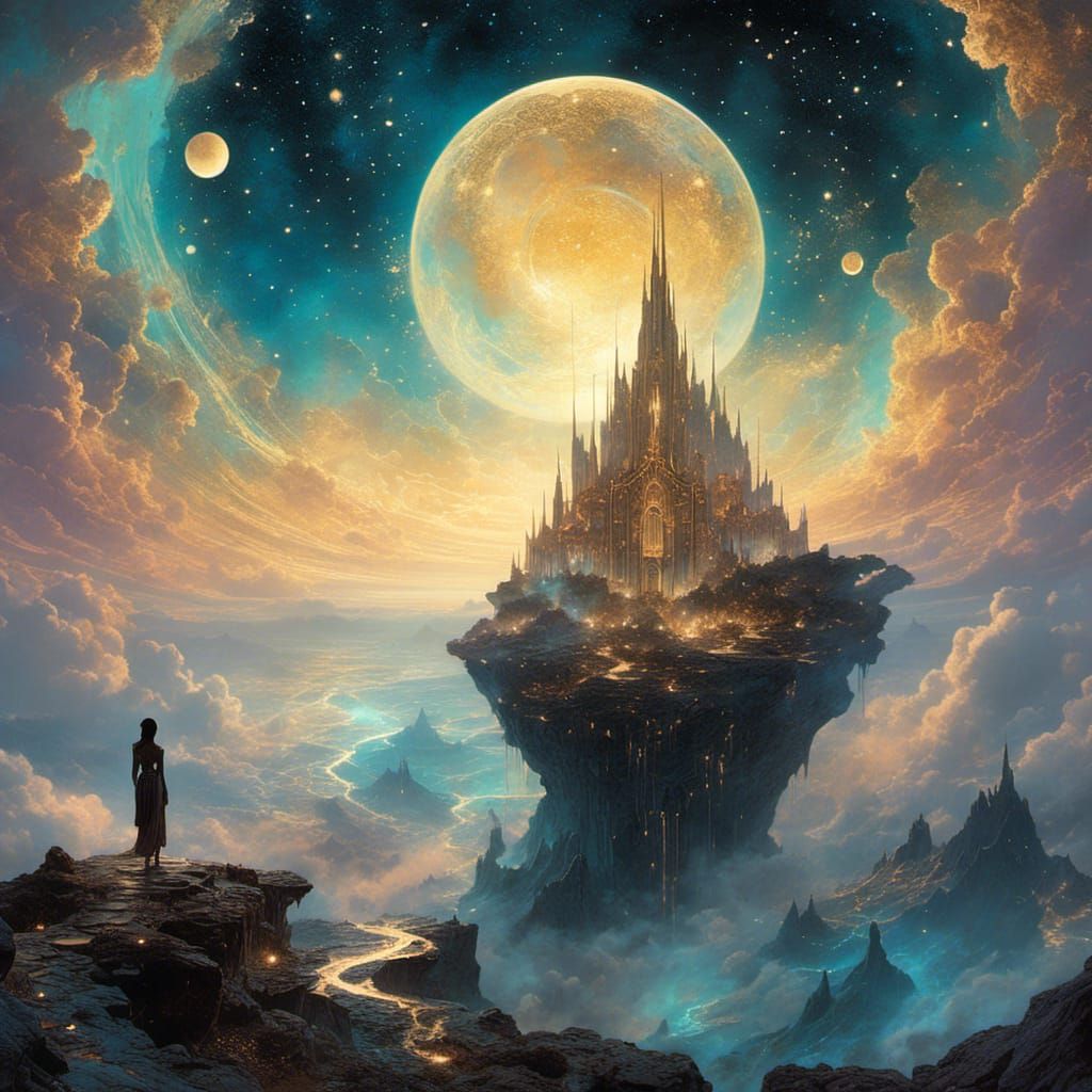 Art Nouveau Cloud Island Dreamscape with Cosmic Architecture