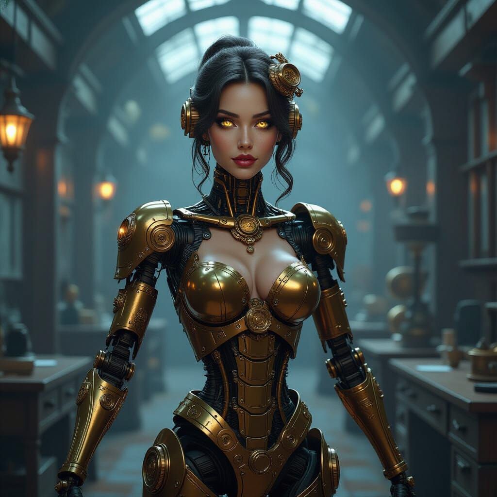 Steampunk Robotic Woman in Misty Workshop