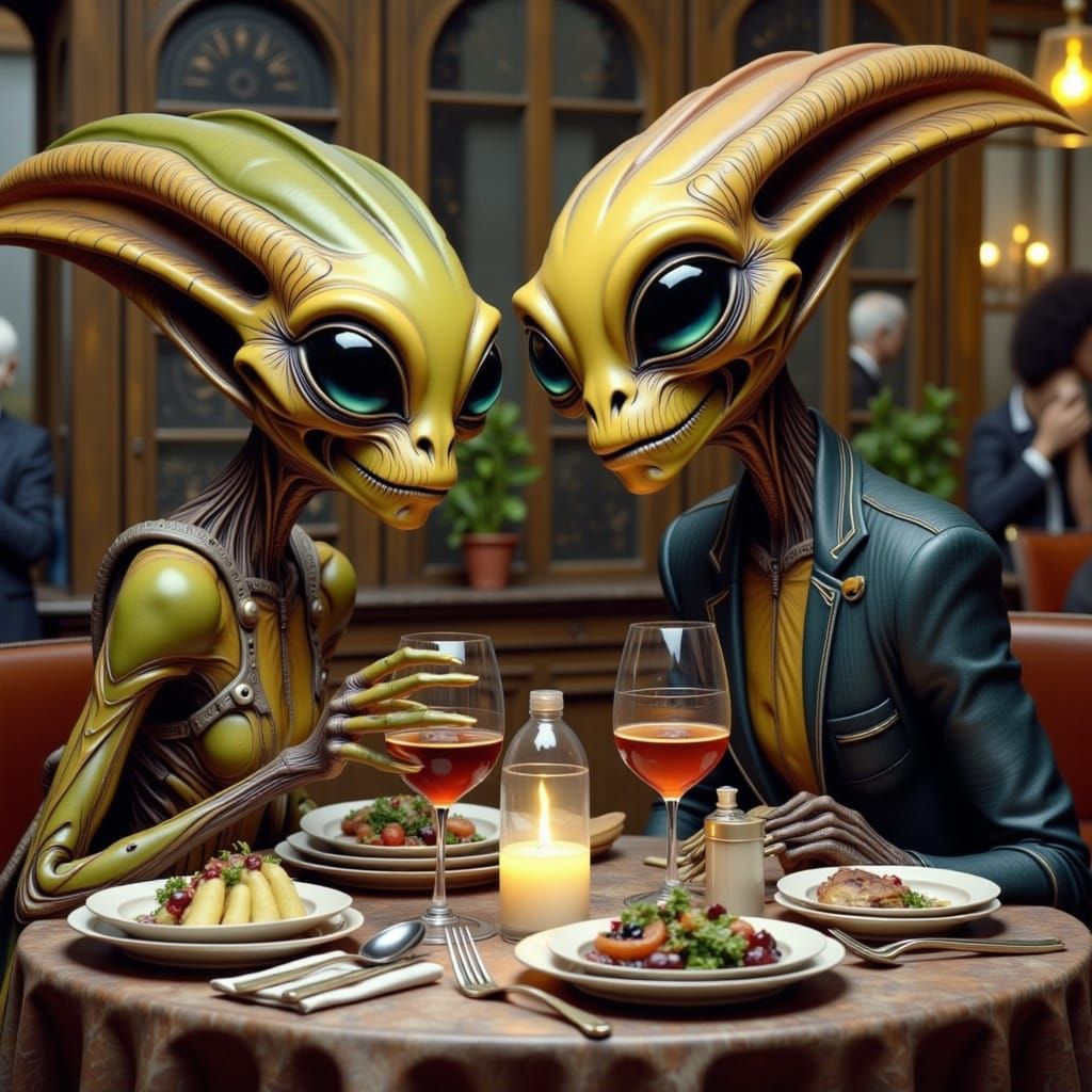 Aliens on a Romantic Dinner Date in a Futuristic Restaurant