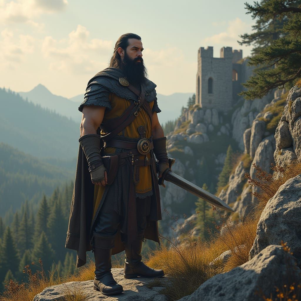 Muscular Dwarf Warrior on Rocky Ledge in Late Afternoon Ligh...