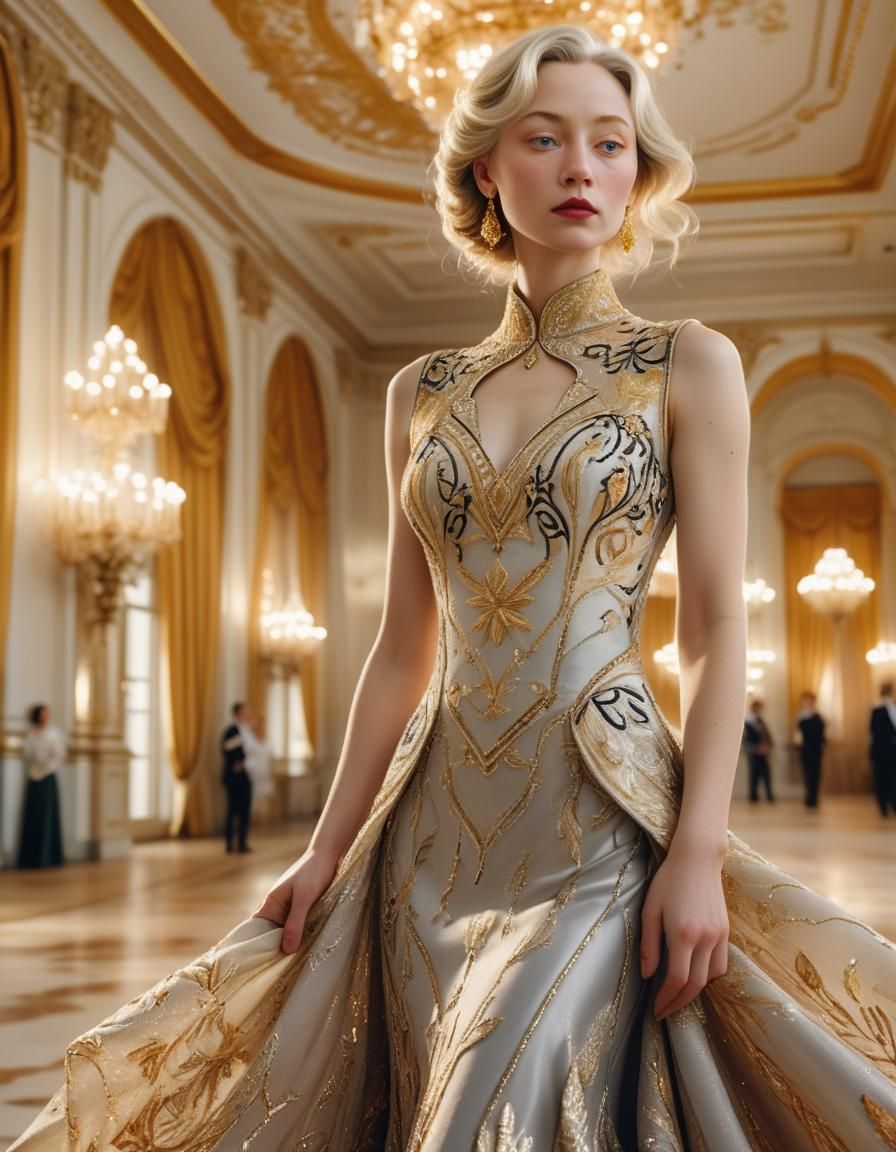 Elegant Woman in Embroidered Dress in Ballroom