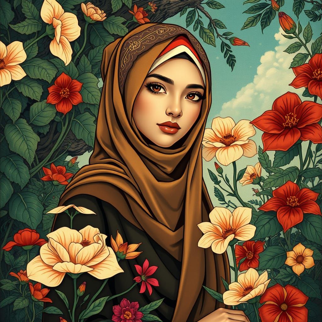 Hijab Woman in Art Nouveau Floral Setting
