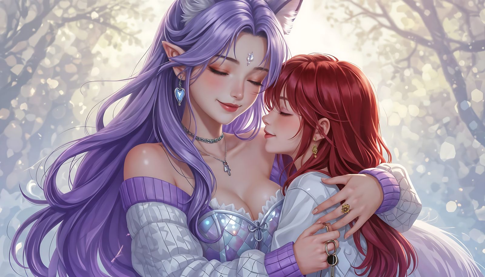 Kitsune Hugs Girl in Whimsical Oil Painting Style