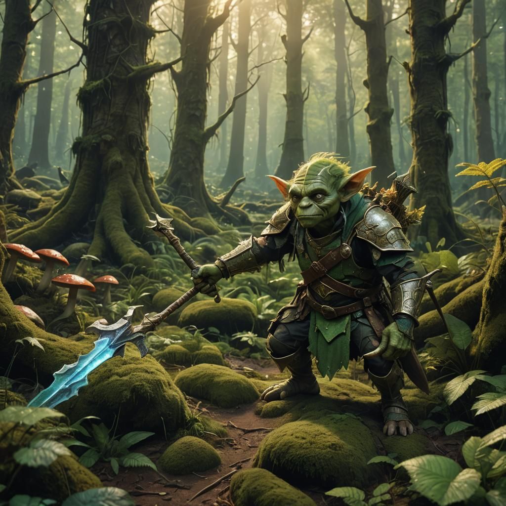 Battle Goblin in Mystical Forest, Fantasy Concept Art