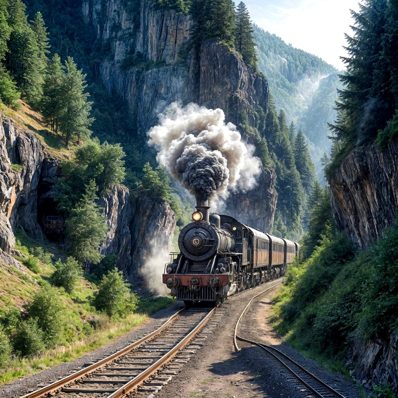 Vintage Steam Locomotive Emerges from Mountain Tunnel