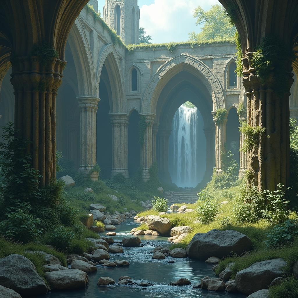 Overgrown Ruined Cathedral with Brook and Waterfall
