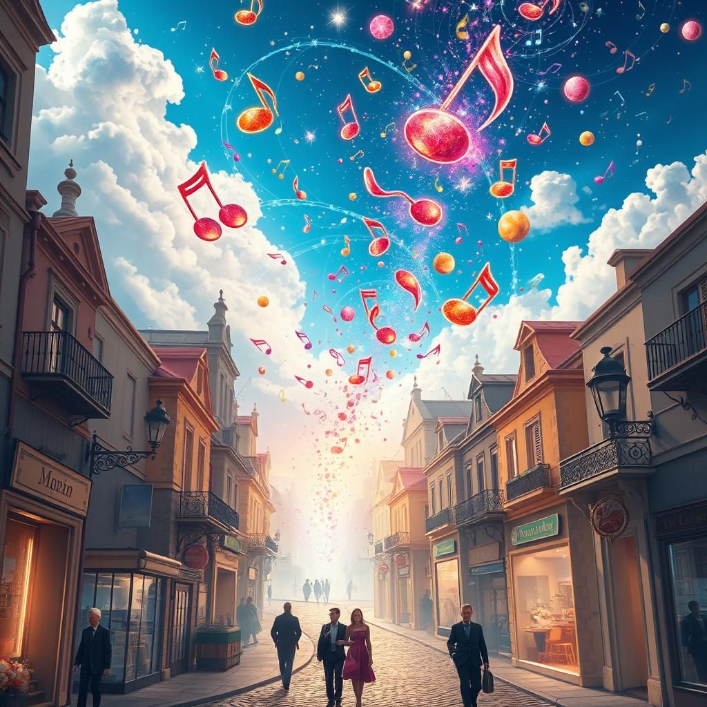 Celestial Music Notes Cascade in a Magical Metropolis