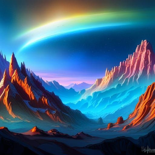 Ethereal Mountains in Space: Holographic Astral Illustration