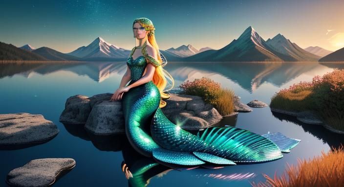Emerald Mermaid in Mountain Lake at Golden Hour