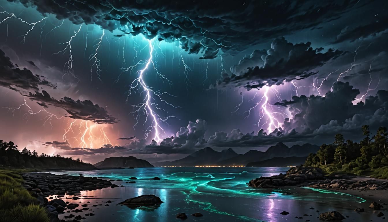 Bioluminescent Storm at Night