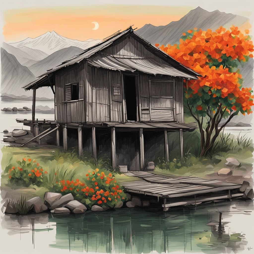 Rustic House Chalk Sketch with River and Mountains